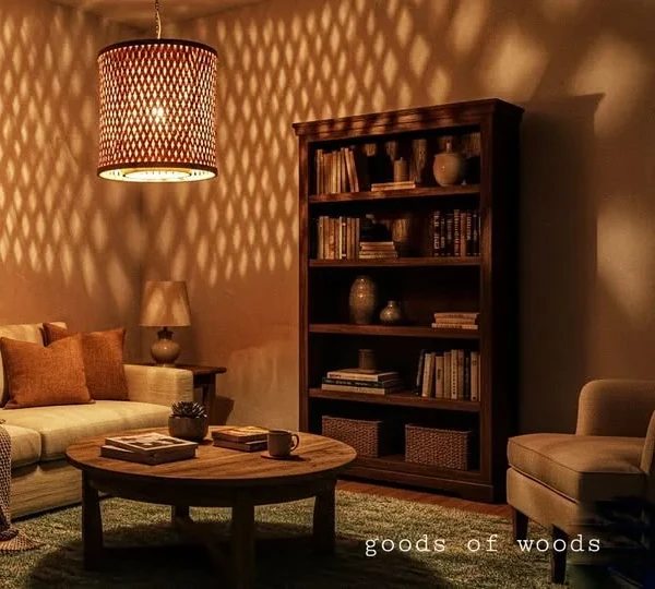 A bamboo pendant lamp throwing its woven pattern across a living room wall
