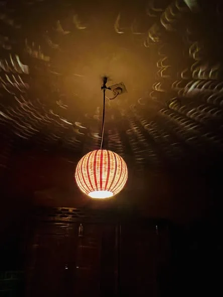 Customer photo: globe pendant lit at night